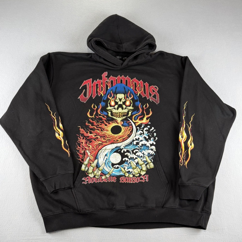 VTG BoohooMAN Infamous Skull Yin Yang Hoodie Black 4XL